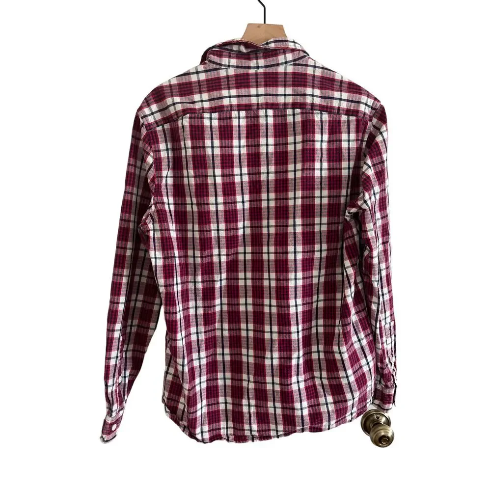 J Crew Mens Long Sleeve Red and White Plaid Button Down Shirt Size Large